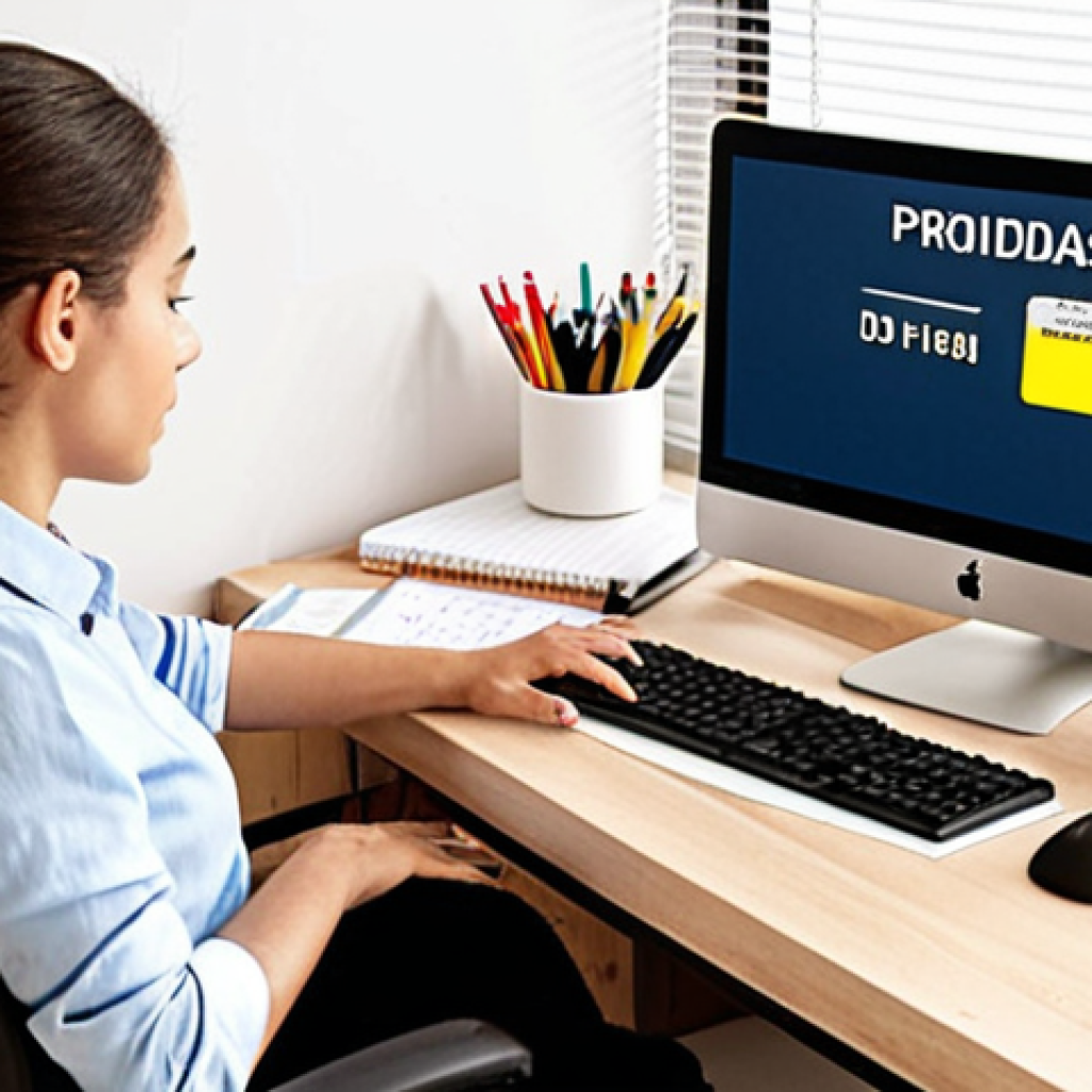 **

A well-organized home office setup. A person is working at a computer, with an ergonomic chair and a properly adjusted monitor. Soft, natural light is entering the room.  A clean desk with a planner showing prioritized tasks.  The overall feeling is calm and productive. Include a small sign that reads "Prioridades del Día".

**