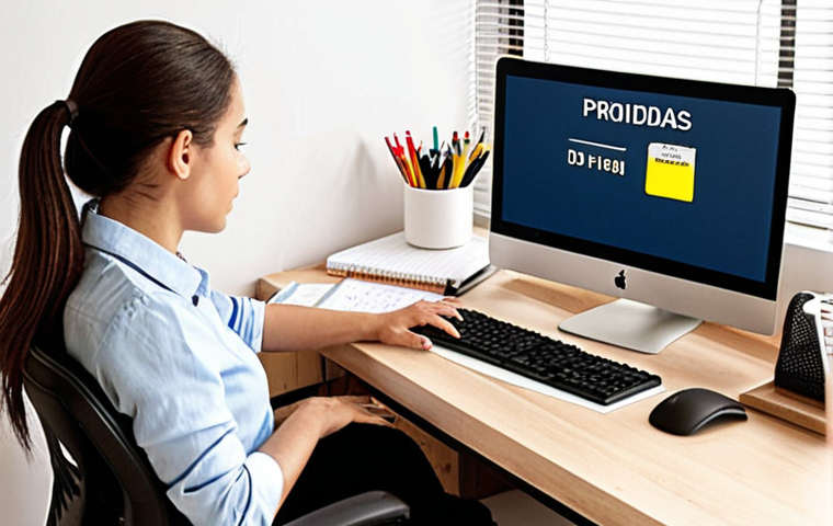 **
A well-organized home office setup. A person is working at a computer, with an ergonomic chair and a properly adjusted monitor. Soft, natural light is entering the room. A clean desk with a planner showing prioritized tasks. The overall feeling is calm and productive. Include a small sign that reads "Prioridades del Día".
**