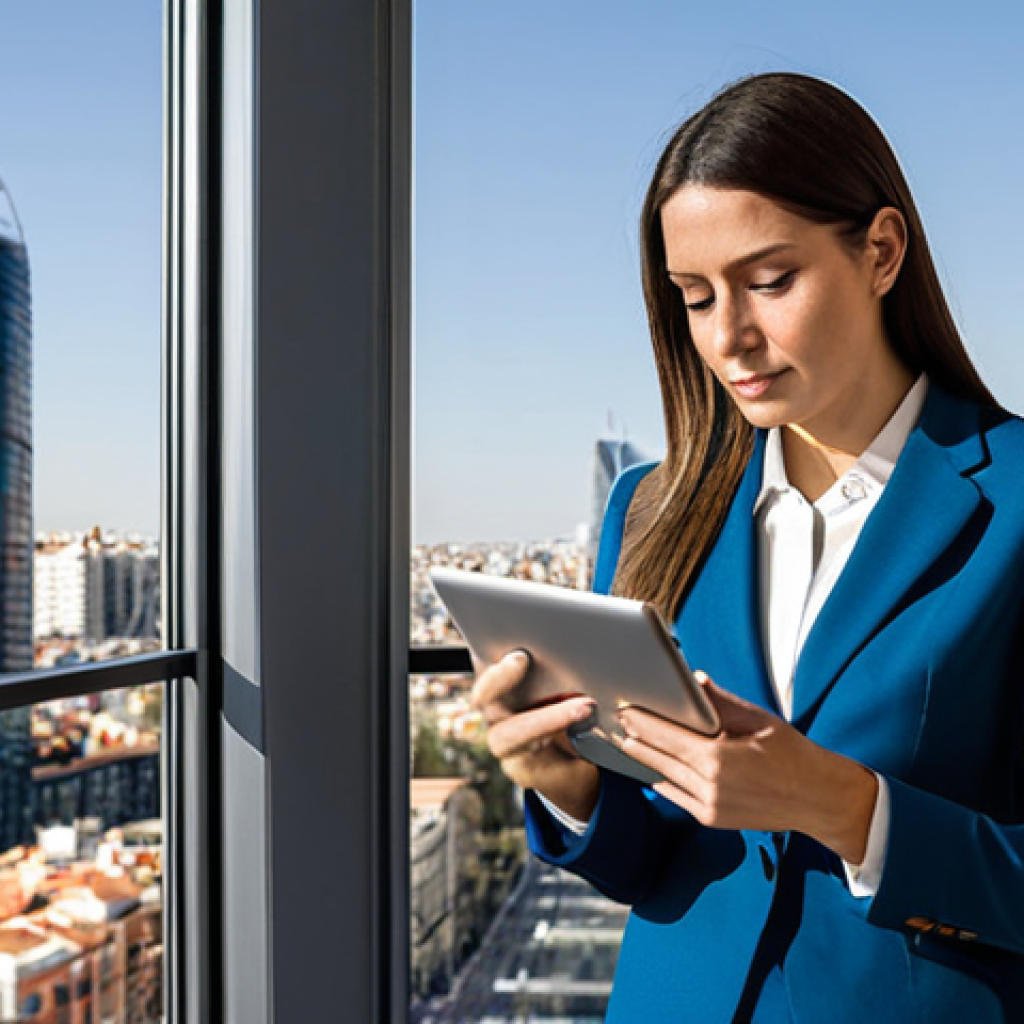 **
A professional real estate appraiser, fully clothed in a modest business suit, inspecting a modern apartment in Madrid. She is holding a tablet and taking notes, with a view of the city skyline in the background. Perfect anatomy, correct proportions, natural pose, well-formed hands, proper finger count, natural body proportions. Professional photography, high quality, safe for work, appropriate content, professional, family-friendly.
**