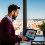 감정평가사의 독립적인 사업 운영 - A professional Spanish real estate appraiser working at a modern home office in Madrid, surrounded b...