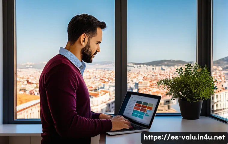 감정평가사의 독립적인 사업 운영 - A professional Spanish real estate appraiser working at a modern home office in Madrid, surrounded b...