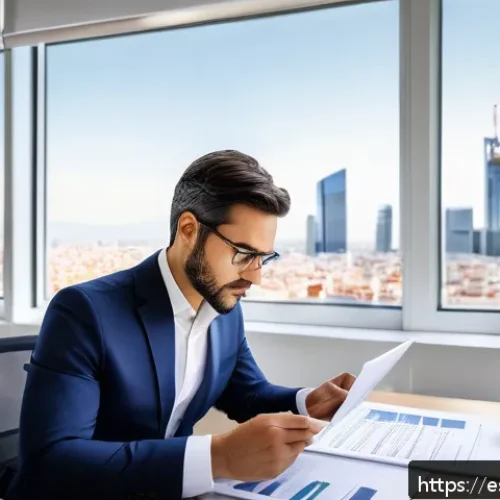 감정평가사 연봉 체계 분석 - A professional real estate appraiser at work in a modern Madrid office, dressed in smart business at...
