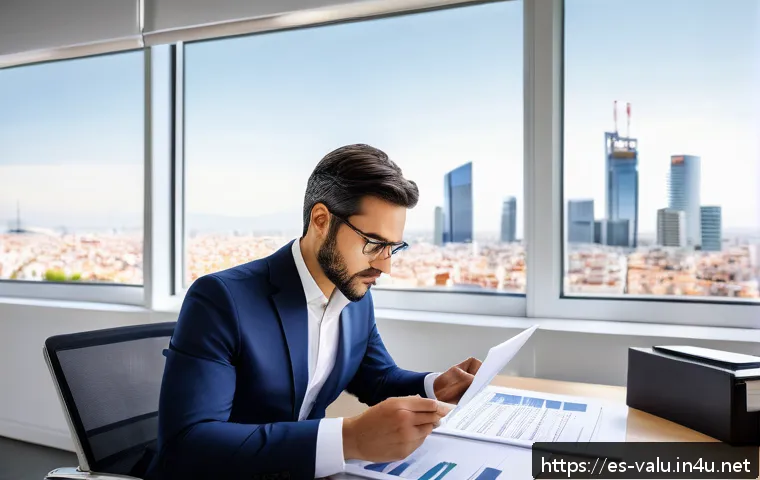 감정평가사 연봉 체계 분석 - A professional real estate appraiser at work in a modern Madrid office, dressed in smart business at...